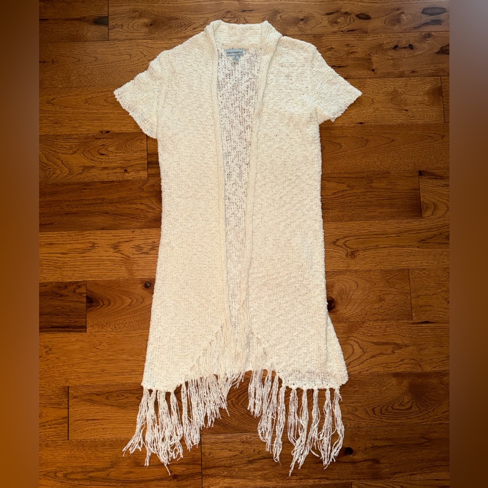 Kintamani Cream Knit Short Sleeve Open Front Fringe Hem Duster Cardigan Size S